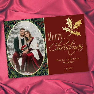 Vintage Holly Berry Red Merry Christmas Foil Holiday Card