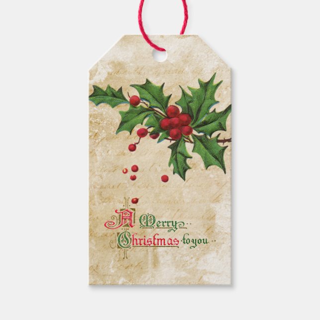 Vintage Holly Branch Christmas Gift Tag (Front)