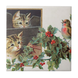 Vintage holly cats and bird ceramic tile