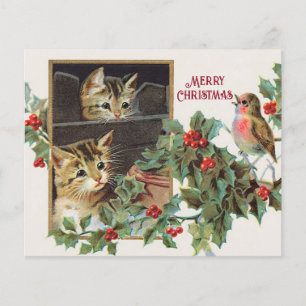Vintage holly cats and bird christmas holiday