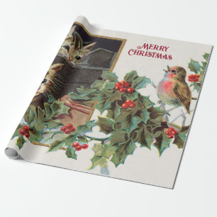Vintage holly cats and bird christmas wrapping paper