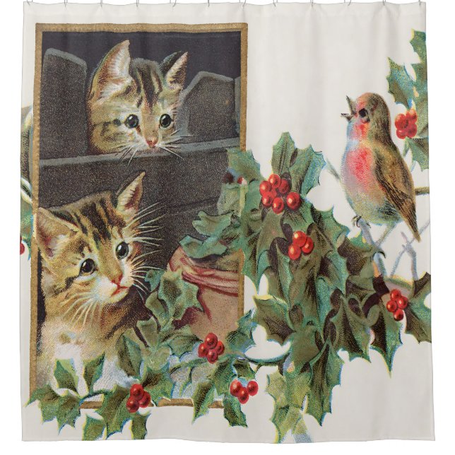 Vintage holly cats and bird  shower curtain (Front)
