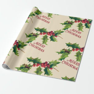Vintage Holly Christmas Greeting Wrapping Paper