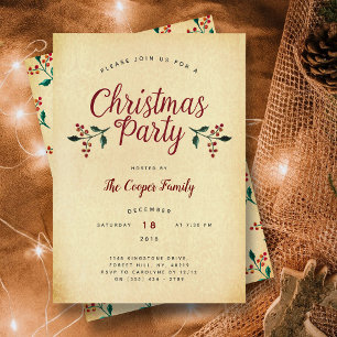 Vintage Holly Christmas Party Invitation