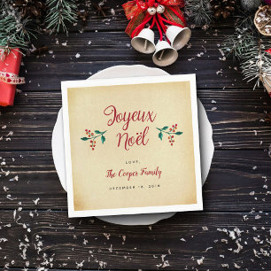 Vintage Holly Christmas Party "Joyeux Noël" Napkin
