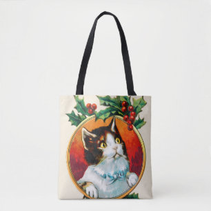 Vintage holly cute cat christmas tote bag