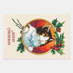 Vintage holly cute cat christmas wrapping paper sheet