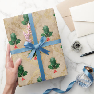 Vintage Holly Damask Pattern Wrapping Paper