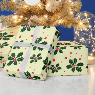 Vintage Holly Leaves Cream Christmas Wrapping Paper