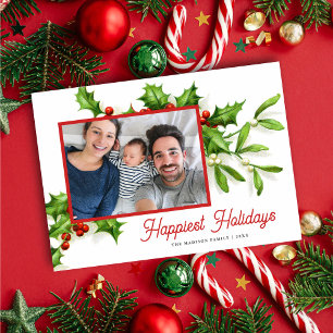 Vintage Holly Mistletoe Photo Holiday Card