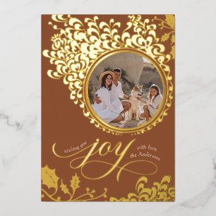 Vintage Holly One Photo Boho Brown Christmas Joy Foil Holiday Card