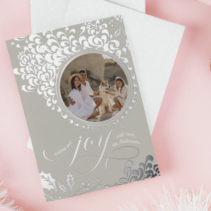 Vintage Holly One Photo Repose Grey Christmas Joy Foil Holiday Card