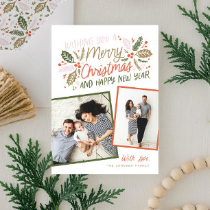 Vintage Holly Tilted Snapshot Multi-Photo Holiday Card