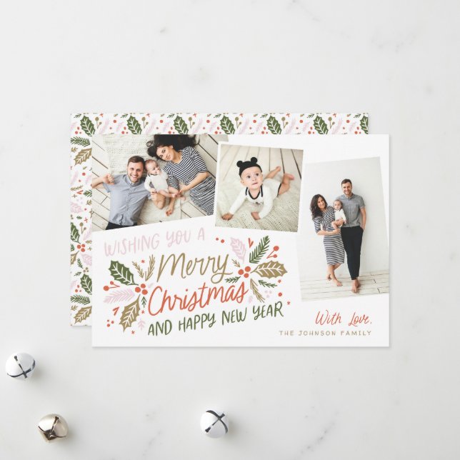 Vintage Holly Tilted Snapshot Multi-Photo Holiday Card (Front/Back In Situ)