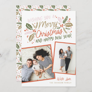 Vintage Holly Tilted Snapshot Multi-Photo Red Holiday Card