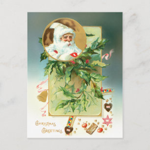 Vintage Holly with Santa Inset and Greeting Holiday Postcard