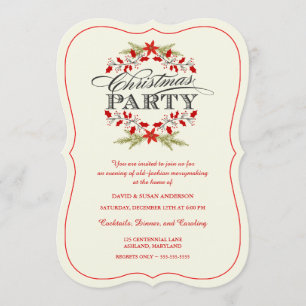 Vintage Holly Wreath Christmas Party Invitations