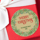 Vintage Holly Wreath Family Name Christmas Gold Classic Round Sticker<br><div class="desc">Add a touch of festive charm to your presents with this gold round sticker featuring a classic Christmas wreath. Customise it with your family's name and "Merry Christmas" message for a warm and welcoming holiday vibe.</div>