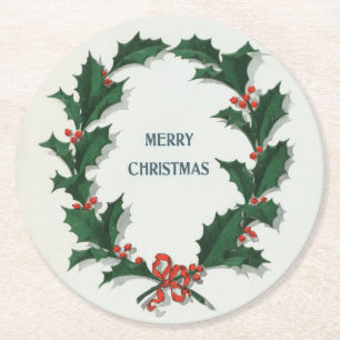 Vintage Holly Wreath Merry Christmas Round Paper Coaster