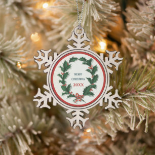 Vintage Holly Wreath Snowflake Pewter Christmas Ornament
