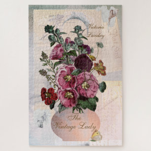 Vintage Hollyhock in Letters Collage Jigsaw Puzzle
