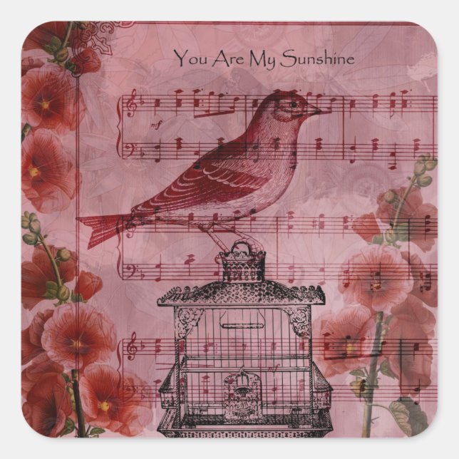 Vintage Hollyhock Song Bird Square Sticker (Front)