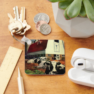 Vintage Holstein Milk Cows on Dairy Farm Business Key Ring