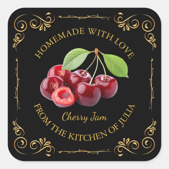 Vintage Homemade Cherry Jam Square Label (Front)