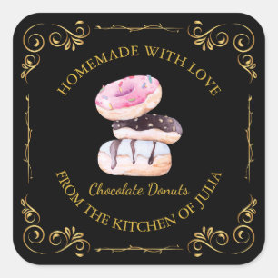Vintage Homemade Doughnut Square Label Black