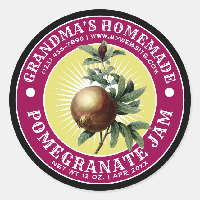 Vintage Homemade Pomegranate Jam Template Classic Round Sticker (Front)