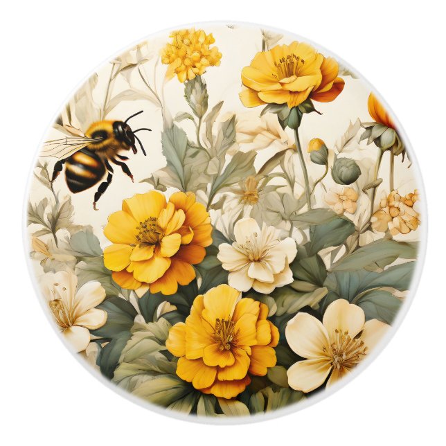 Vintage Honey Bee in botanicals Ceramic Knob (Front)