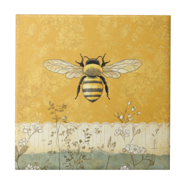 Vintage Honey Bee Wildflower Garden (3) Ceramic Tile (Front)