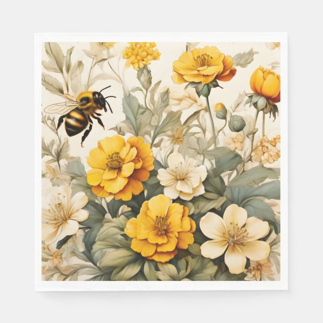 Vintage honey bees in botanicals napkin (Front)