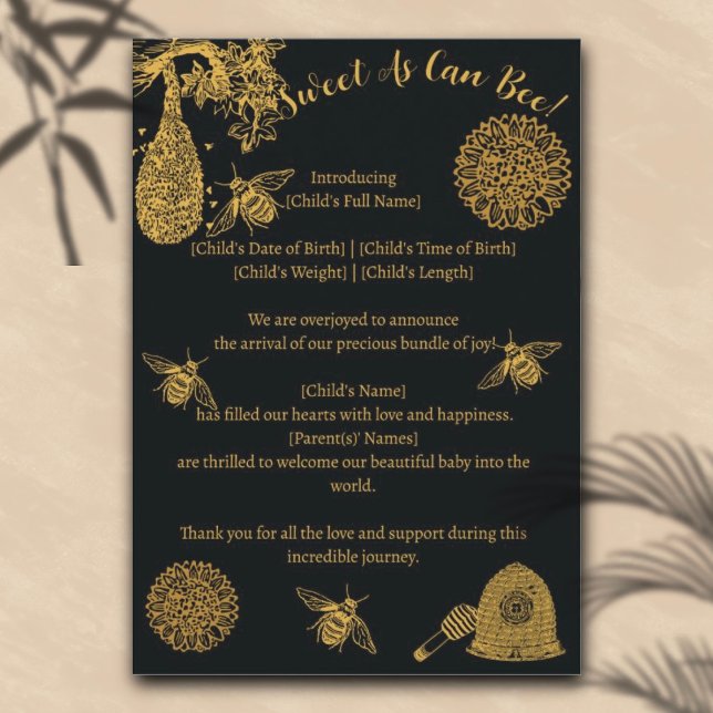 Vintage Honey Bumblebee Black Birth Announcement (Creator Uploaded)