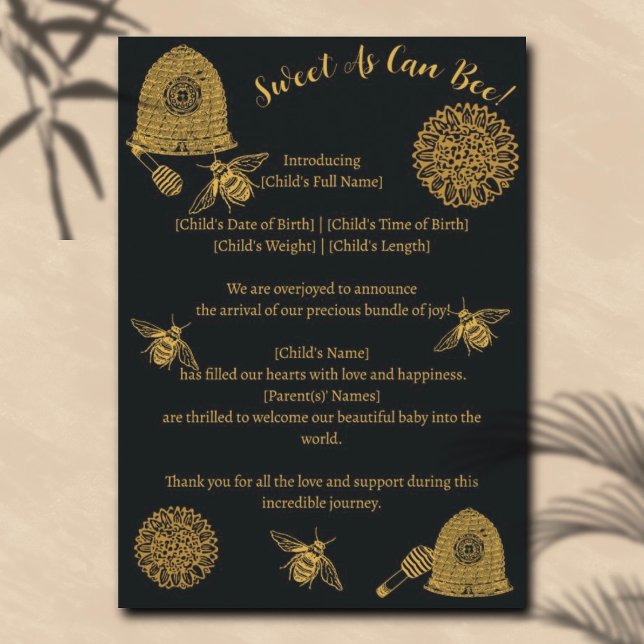 Vintage Honeycomb Bee Black Birth Announcement (Creator Uploaded)