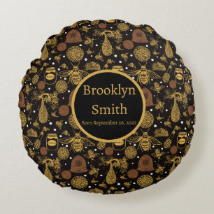 Vintage Honeycomb Bee Black Nursery  Round Cushion