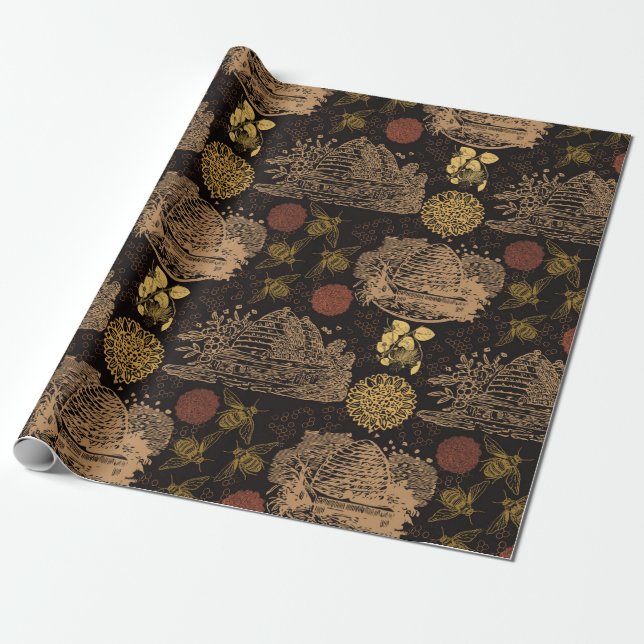 Vintage Honeycomb Bee Black Wrapping Paper (Unrolled)