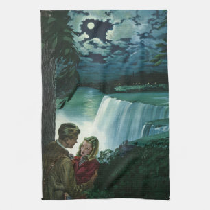 Vintage Honeymoon Love, Newlyweds at Niagara Falls Tea Towel