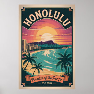 Vintage Honolulu Hawaii Paradise of the Pacific Poster