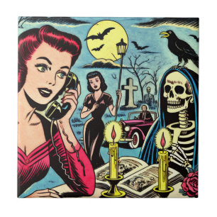 Vintage Horror Comics Illustration Ceramic Tile
