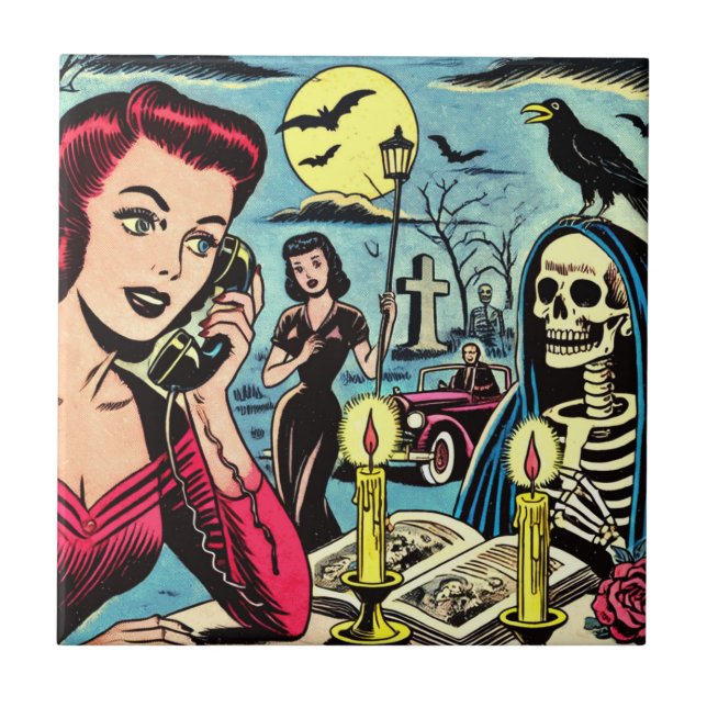 Vintage Horror Comics Illustration Ceramic Tile (Front)