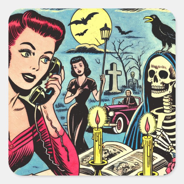 Vintage Horror Comics Illustration Square Sticker (Front)