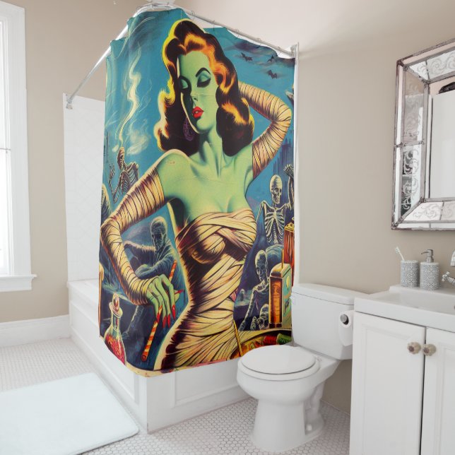 Vintage Horror Mummy Girl Shower Curtain (In Situ)