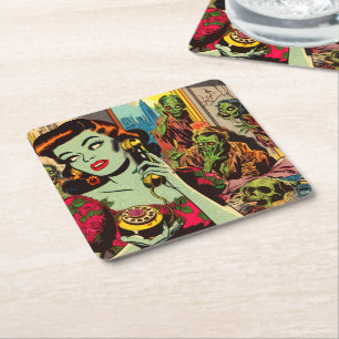 Vintage Horror Zombie Comics Square Paper Coaster