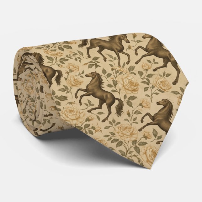 Vintage Horse and Rose Floral  Tie (Rolled)