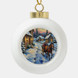Vintage Horse and Sleigh on Snowy Christmas Ceramic Ball Christmas Ornament