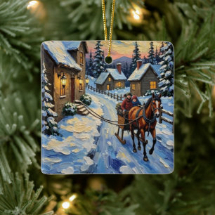 Vintage Horse and Sleigh on Snowy Christmas Ceramic Ornament