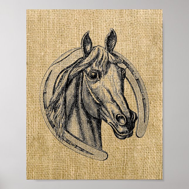Vintage Horse Cameo on Burlap  Poster (Front)