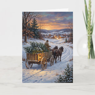 Vintage Horse Drawn Wagon Christmas Tree Card