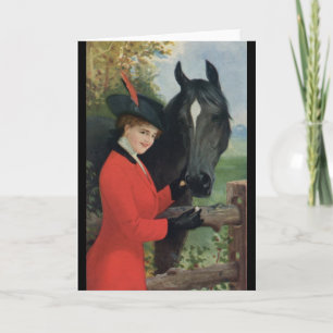 Vintage Horse Girl Red Coat Equestrian Sugar Cube Card